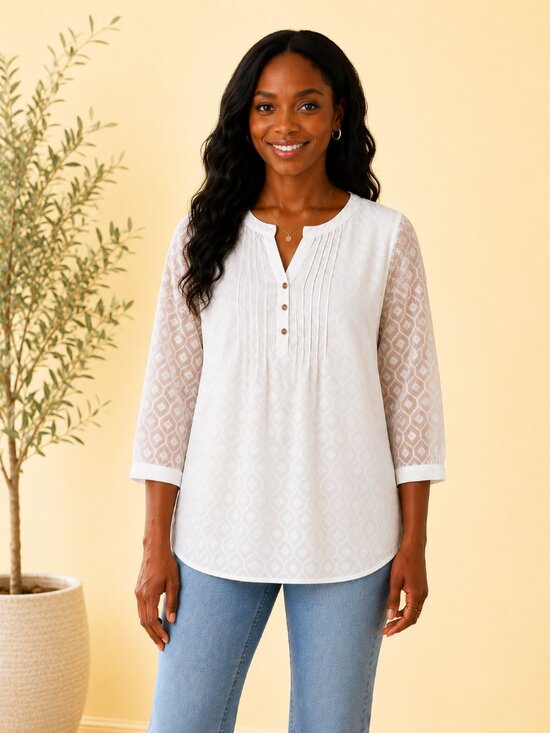 St. Johns Bay Tops - NWT Textured Boho Tunic Top 3/4 Sleeve Lightweight Curved Hem Medium White